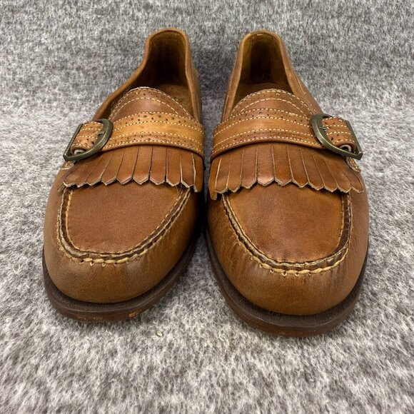 ✅Womens 10N Lands End Brown Leather Moc toe Loafers Fringe Buckle Casual Shoes - Picture 5 of 10